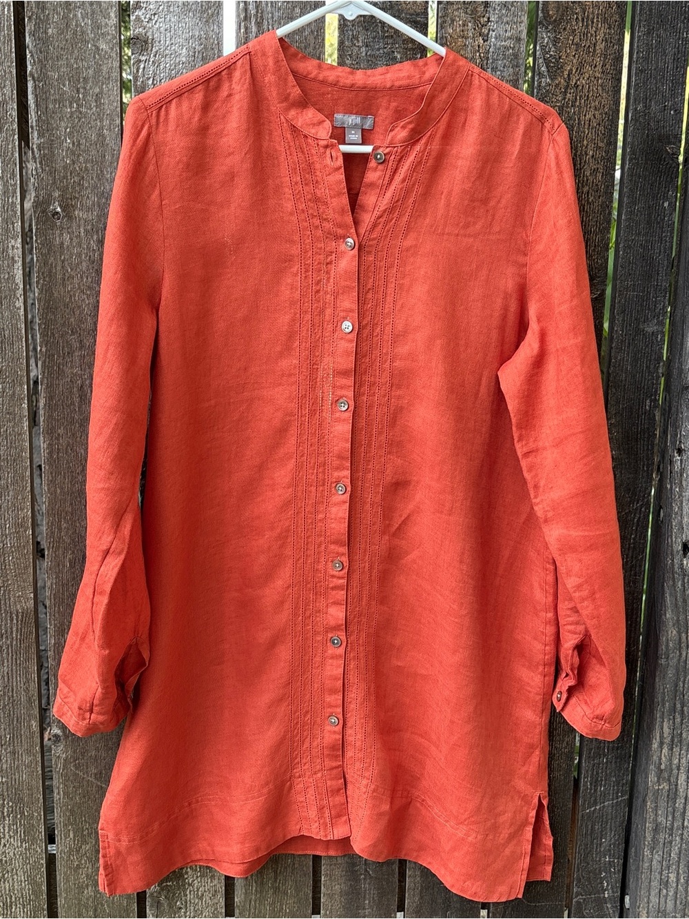 J. Jill 100% Linen Eyelet Detail Button Front Tunic Shirt Terracotta Orange M